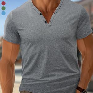 TEMU 남성용 패션 캐주얼 다용도 가벼운 통기성 헨리 셔츠 - 브러시드 디자인, 캐주얼 V넥 반팔 티셔츠, 스트레치 폴리에스터 혼방, 가벼운 스포티 헨리 반팔 빠른 건조 피트니스 셔츠, 솔리드 컬러 가벼운 캐주얼 약간 스트레치 수분 흡수 헨리 셔츠, 야외, 골프, 볼 스포츠, 트레이닝, 일상 활동에 적합