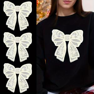 TEMU 3개 열전사 스티커 세트 - 화이트 레이스 리본 열전사 스티커, 티셔츠, 청바지, 백팩, 쿠션, 세탁 가능, 내구성 좋은 멀티 컬러 열전사 데칼, 비닐 소재, 다리미로 간편하게 부착