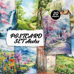 TEMU 20장 세트 수채화 풍경 스타일 포스트카드 - 카드보드 표면, 글쓰기용, 영어 스크랩북, 잡다한 일기장, 공예품, 축하 카드, 휴일 소원 선물