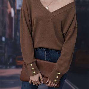 TEMU 여성용 우아하고 편안한 오버사이즈 탑, 깊은 V넥 및 오프숄더 디자인, 소매 밑단에 버튼 디테일, 봄/가을에 완벽