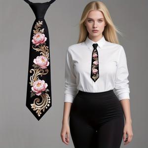 TEMU 고급스러운 빈티지 스타일 액세서리, 블랙 모란 넥타이. 우아한 꽃무늬 패턴으로 의상을 더욱 고급스럽고 세련되게 연출합니다.