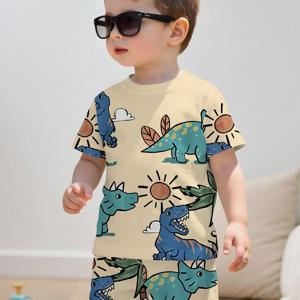 TEMU 남아용 창의적인 여름 만화 공룡 3D 프린트 디자인, 반팔 풀오버 및 스포츠 반바지 세트, 어린이 선물로 완벽. 편안한 원단으로 제작되어 여름, 야외 활동에 적합합니다.