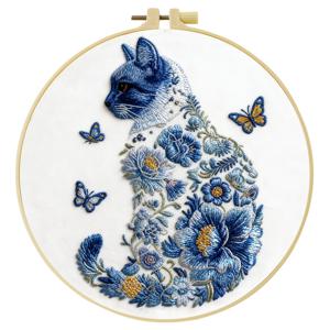 TEMU 1개 파란 꽃 고양이 자수 키트 | 20x20cm/7.9x7.9인치, 성인 초보자를 위한 수제 자수 키트, 자수 천, 설명서, 스트레치 후프, 바늘 및 실 포함, 선물 및 홈 오피스 장식에 이상적, 모든 계절, JOZYSH