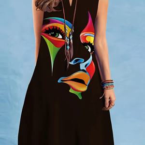 TEMU 2023년 신상 유럽 및 미국 크로스보더 여성 드레스, V넥 민소매 섹시 프린트 롱 스커트, 미디 길이 해외 무역 드레스