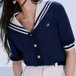TEMU 여름/봄 여성용 컬러 블록 반팔 티셔츠. 네이비 칼라와 젊은 해군 스타일의 오픈 프론트 디자인.