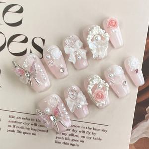 TEMU 로맨틱 데이트 및 여성 모임에 완벽한, 보라색, 부드럽고 귀여운 나비 테마 분리형 네일 10개 세트 (리본 및 동백꽃 장식)