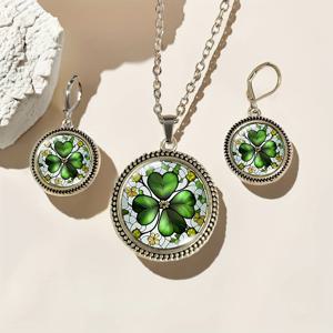 TEMU 3개 세트 패션 컬러 유리 네잎 클로버 귀걸이 목걸이 세트, 사랑과 행운의 식물 주얼리, 완벽한 생일, 파티, 기념일 선물