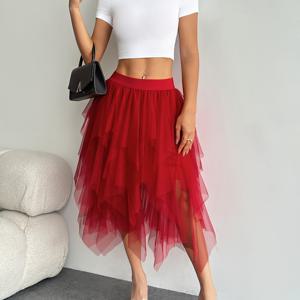 TEMU 여성용 하이웨이스트 비대칭 밑단 메쉬 스커트 - 미디엄 길이 A라인 디자인, 통기성 솔리드 컬러 캐주얼 여름 스커트, 다재다능한 스타일링, 고허리 스커트, 논스틀레치 원단, 트렌디한 패션