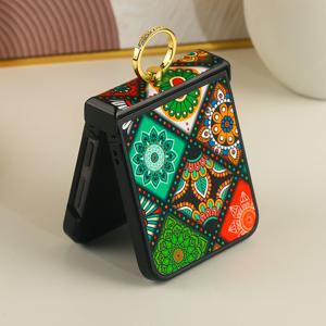 TEMU 휴대폰 케이스 - 삼성 갤럭시 Z 플립3/4/5/6 시리즈에 적합한 풀바디 폰 케이스, 스타일리시한 클래식 에스닉 디자인과 추가 보호를 위한 도금된 링이 특징입니다.