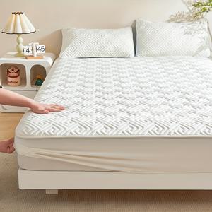 TEMU 퀼팅 매트리스 커버 - 부드러운 시트, 통기성 및 내구성 좋은 매트리스 보호 커버, 싱글부터 더블 침대에 적합 - 체크 패턴, 폴리에스터 소재 - 회색/흰색, 베갯잇 미포함, 침구 | 모던 침실 장식 | PU 레이어