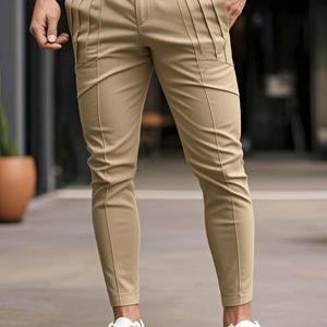 TEMU 남성용 슬림핏 스트레치 비즈니스 캐주얼 팬츠 - 단색, 끈 조절 가능한 신축성 허리밴드와 사이드 포켓, 연회색, 사계절 내내 편안한 사무실 및 캐주얼 착용, 모던 스트리트웨어, 내구성 있는 원단