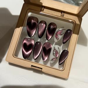TEMU 하트와 나비가 새겨진 메탈릭 엔드가 돋보이는 스타일리시한 매니큐어를 위한 10개 세트의 핸드메이드 풀 커버 재사용 가능한 로즈 골드 고양이 눈 네일