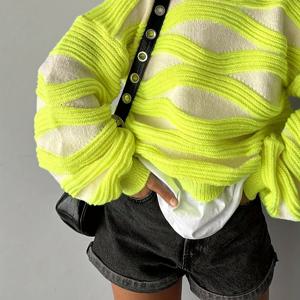 TEMU 특정 스타일 - 라운드넥 웨이브 컬러 블록 긴팔 스웨터 여성 탑 패셔너블 루즈핏 편안한 도파민 랜턴 슬리브 풀오버 스웨터 신상 가을 옐로우 탑