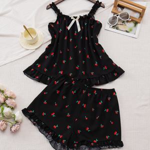 TEMU 여성용 섹시한 스위퍼 반바지 여름 프린트 파자마 세트 - 빨간색과 초록색 과일 프린트, 프릴 하단, 어깨 디자인, 전季용 루즈웨어, 캐주얼 루즈웨어 | 프릴 하단 반바지 | 섹시한 파자마 세트