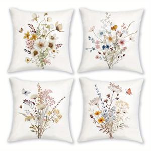 TEMU 4개 세트 식물무늬 쿠션 커버 18x18인치 - 부드러운 폴리에스터 소재, 워터컬러 야생화와 나비 프린트, 지퍼 잠금, 손세탁 전용 (쿠션 내장 없음), 농가 스타일 장식용, 자연스러운 디자인, 내구성 있는 원단, 거실 침실 인테리어 소품, 플로럴 패턴, 홈 데코
