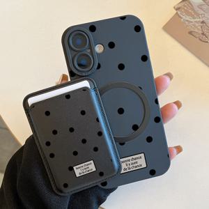 TEMU 폰 케이스: 3종 세트 조합 2025 신상 패셔너블 크리에이티브 올인원 충격방지 블랙 도트 패턴 폰 케이스 & 패션 가죽 멀티펑셔널 자석 카드 홀더 지갑 & 1개 자석 원형 스티커 (아이폰 16 15 14 13 12 11 XS XR 7 8 PLUS KQ1 호환)