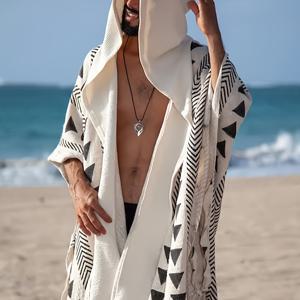 TEMU 남성용 여름 루즈핏 셔츠, 랜덤 기하학 프린트, 스타일 후드 비치 커버업, 고급 폴리에스터 소재와 태슬 디테일, 비치 풀 파티 의상