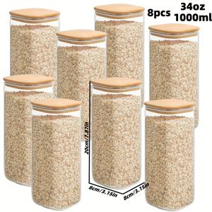 TEMU 8개, 34온스 투명 유리 보관용기, 바마부 뚜껑, 사각형 보로실리케이트 유리 주스, 밀봉식 식품 보관용기, 다기능 유리 식품용기, 밀봉식 용기, 파스타, 쿠키, 차, 커피콩, 오트밀, 콩, 곡물 등 보관용기, 주방 보관 및 정리용으로 우수한 선택, 파티, 결혼식, 선물로 적합