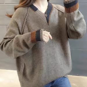 TEMU 신상 봄 여성 의류/여성 여름 의류, 캐주얼하고 우아한 여성 의류, V넥 컬러 블로킹 게으른 외모 스타일의 레트로 풀오버, 여성 의류, 트렌디한 슬림핏, 다용도 출퇴근 스타일