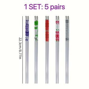 TEMU 5쌍 스테인리스 스틸 젓가락 1세트 - 재사용 가능, 플로럴 패턴 디자인, 가벼운 미끄럼 방지 금속 젓가락 (음식, 면, 스시 식기용), 식기세척기 사용 가능. 가정, 호텔, 레스토랑용 창의적인 반사각 젓가락 | 요리 젓가락 | 한국