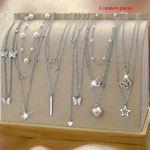 TEMU 6/11피스 우아하고 심플한 패션 스타 나비 스톤 장식 여성용 목걸이 세트 - 외출, 해변 휴가, 크리스마스, 할로윈, 발렌타인데이 선물 - 실버