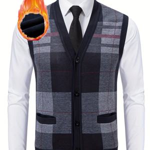 TEMU 남성용 기모 안감 대형 체크 니트 가디건 조끼