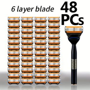 TEMU 남성용 6중날 수동 안전 면도기 (48개 스테인리스 스틸 면도날 포함), 부드러운 면도 및 간편한 세척을 위해 설계됨, 데일리 그루밍에 적합