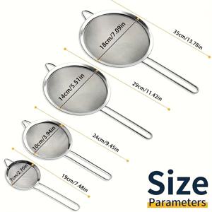 TEMU 손잡이가 있는 4개 스테인리스 스틸 미세 메쉬 체, 밀가루 체질, 주스 여과, 잎차 여과, 채소 및 면수건조, 간식 기름 분리에 완벽, 내구성 및 청소 용이, 가정용 주방, 케이터링 및 베이킹 준비용 네 가지 크기, 주방 체, 케이터링 용품, 컴팩트 디자인, 다목적 체, 견고한 구조, 녹 방지 메쉬, 미세 체, 다목적 체, 베이커, 케이터링 업체용