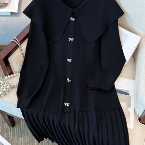 TEMU Elegant Red Shirt Dress for Women, Mid-Length, Autumn/Winter New Style, Loose Fit,, Youthful, Pleated Dress with Large Lapel Collar