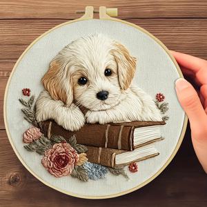 TEMU 1개 자수 키트, 20x20cm/7.9x7.9인치, 책과 소형견용, 성인 초보자를 위한 수제 DIY 자수 키트, 자수 천, 설명서, 자수틀, 바늘과 실 포함, 친구나 가족에게 선물하기 좋은 휴일 선물, 가구 및 사무실 수제 예술품