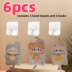 TEMU 6개입 - 핸드 타월 3개와 후크 3개 포함. 귀여운 고양이 석고 타월 - 빠른 건조, 뛰어난 흡수력 및 부드러움, 걸기 쉬운 디자인, 주방 및 욕실에 적합 - 일상 사용 및 선물용으로 완벽
