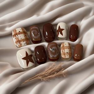 TEMU 10개입 커피 초콜릿 브라운 체크 스타 프레스온 네일, 헤이즐넛 스카이 디자인 겨울 코지 인조네일 | 네일 키트 풀 세트 & 네일 테크 용품 웨딩, 파티, 휴가용 | 봄 여름 데이 올시즌 매니큐어 키트, 완벽한 발렌타인데이 선물