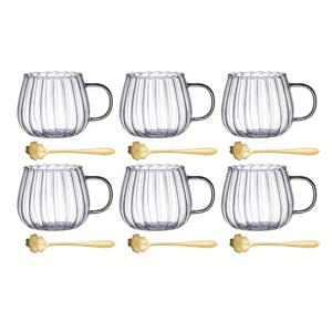 TEMU 4개/6개 투명 유리 커피컵, 15.5oz/450ml, 호박 컵 스푼 포함, 손잡이 유리 커피컵, 세로 줄무늬 티컵, 카푸치노, 라떼, 코코아, 우유 등 뜨겁거나 차가운 음료에 적합