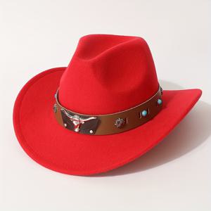 TEMU 1 탑햇 여성용 모자 패션 복숭아 와이드 브림 컬링 펠트 모자, 브라운 와이드 벨트, 은색 메탈 소가 머리 장식, 야외 놀이 모자, 공연 파티 모자, 웨스턴 모자, 남녀공용 다용도 스타일