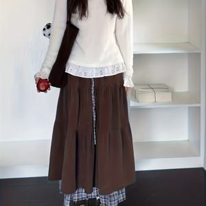 TEMU 여성용 브라운 빈티지 미드 레인지 스커트, 코듀로이 페이크 투피스 레이어드 디자인과 패치워크 체크 패턴이 특징이며 가을과 겨울에 완벽합니다.