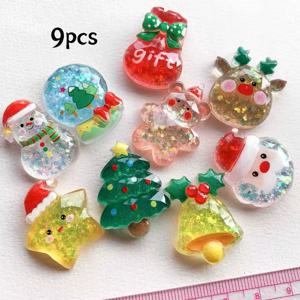 TEMU 9개 반짝이는 레진 크리스마스 장식 세트 - 만화 산타클로스와 눈사람 등 다양한 디자인 포함, 공예, 헤어핀 장식, 휴대폰 케이스, 스크랩북, 홈 데코 및 축제 크리에이티브 프로젝트에 적합