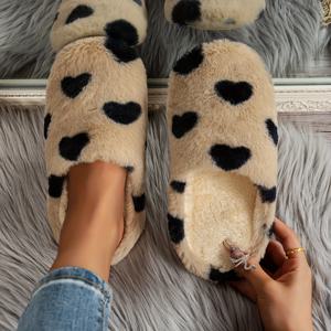 TEMU 여성용 사계절 단색 블랙 하트 홈 슬리퍼 겨울 따뜻한 플러시 침실 슬리퍼, 여성 신발