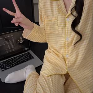 TEMU 여성용 봄/가을 긴팔 긴바지 파자마 세트, 캐주얼, 스위트, 귀여운, 격자무늬, 우아한, 아우터웨어, 홈웨어, 여름 에어컨방 의류용으로 적합