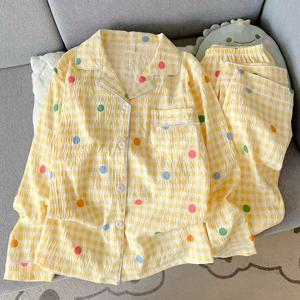 TEMU 여성용 봄/가을 긴팔 긴바지 파자마 세트, 캐주얼하고 달콤하며 귀여운 체크무늬 폴카도트 우아한 실내복, 야외 활동용, 여름 에어컨 옷