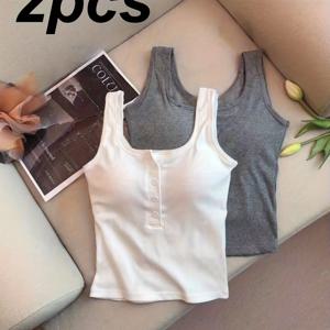 TEMU 패션 로우 버튼 스트랩 단색 2개 세트, 패딩 컵이 있는 내장형 브라 1개 포함, 등 노출 민소매 언더셔츠 탱크탑, 아우터웨어용, 십대용