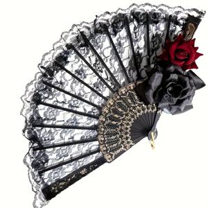 TEMU 1개 신상 범용 할로윈 블랙 핸드 팬, 레이스 장미 고딕 손잡이 부채, 빈티지 대형 꽃무늬 접이식 부채, 할로윈 파티 코스프레 의상 사진 소품용, 가정 장식, 벽 장식, 소품 장식, 테마 파티, 할로윈 의상, 메이크업 파티, 생일 파티, 댄SING, 결혼식, 미인 대회, 역할극용