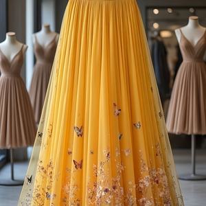 TEMU 여성을 위한 우아한 미디 기장 A라인 스커트입니다. 플로럴 프린트와 레이어드 쉬어 헴이 특징이며, 모든 계절에 적합합니다.