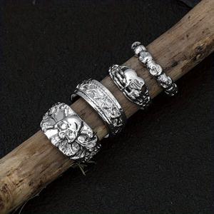 TEMU 4개 세트 합금 반지 세트, 패션 빈티지 스컬 캐주얼 활용도 높은 남녀공용 반지, 여성용 해골 머리 반지 세트, 다크 고딕 반지