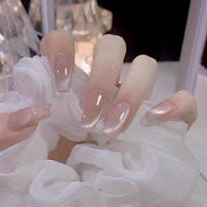 TEMU 24개 핑크 & 누드 캣 아이 프레스온 네일 - 미디엄 발레트 쉐입, 스타/팝 아트 디자인의 광택 마감, 신선하고 밝은 룩을 위한 수제 젤 |신부용 네일 |웨딩 네일