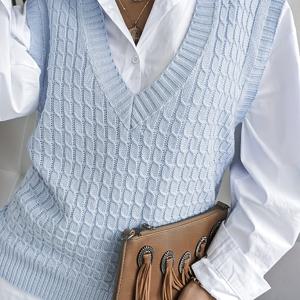 TEMU 여성용 V넥 베스트 스웨터 - 100% 아크릴 스트레치 가벼운 200gsm, 우아한 솔리드 컬러 캐주얼 아우터웨어 봄/가을용, 플러스 사이즈 가능