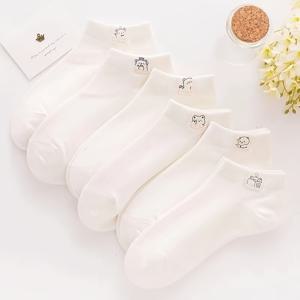 TEMU 여성용 흰색 패브릭 라벨 곰돌이 양말 6켤레, 봄/여름용 숏 삭스, 로우컷 남녀공용 귀여운 만화 보트 삭스