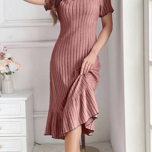 TEMU 여성용 우아한 A라인 러플 헴 원피스 - 밝은 단색, 노치넥, 짧은 소매, 봄/여름/가을에 완벽, 캐주얼 시크 스타일, 캐주얼 시크 드레스 | 러플 헴 원피스 | 원단