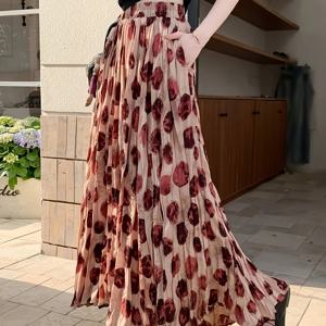 TEMU 프렌치 플리츠 물방울 무늬 스커트 여성용 네이처 레트로 루즈핏 빅 스윙 미디 레인지 플로럴 스커트