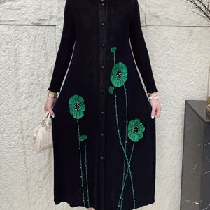 TEMU 플러스 사이즈 - 플러스 사이즈 - 비즈 3D 꽃 장식, 플리츠 및 신축성 있는 원단의 컬러 블록 긴팔 드레스, 플러스 사이즈를 위한 스타일리시하고 다재다능한 디자인