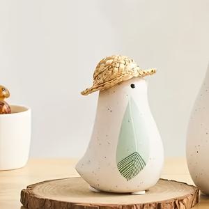 TEMU 2개 세트 밀짚모자 새 조각상 (모자 1개 + 새 1개), 홈 데코 세라믹 동물 조각, 책상 및 책장 장식, 새 애호가를 위한 완벽한 선물, 생일, 밀짚모자, 테이블탑